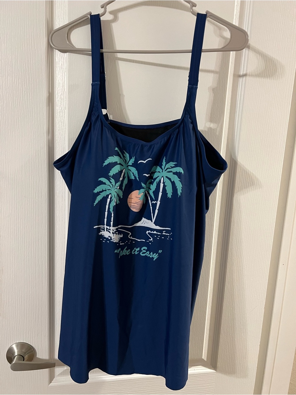 Navy Tropical Palm Tank Swim suit top with Sunset Graphic